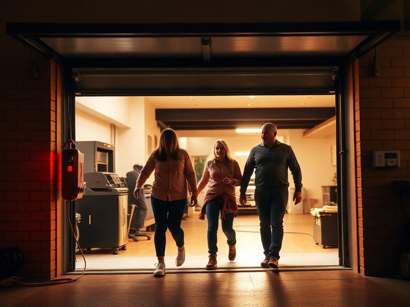 Homeowner using emergency release cord to manually open garage door during power outage
