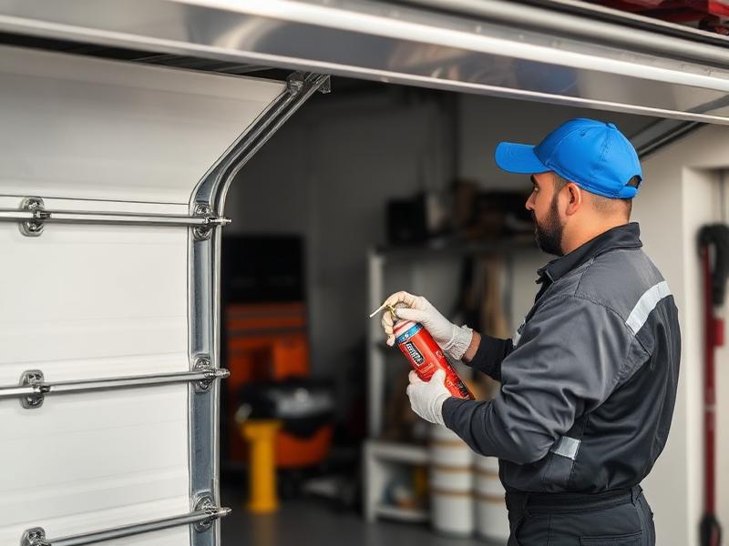 Technician performing preventive maintenance lubrication on garage door springs and rollers